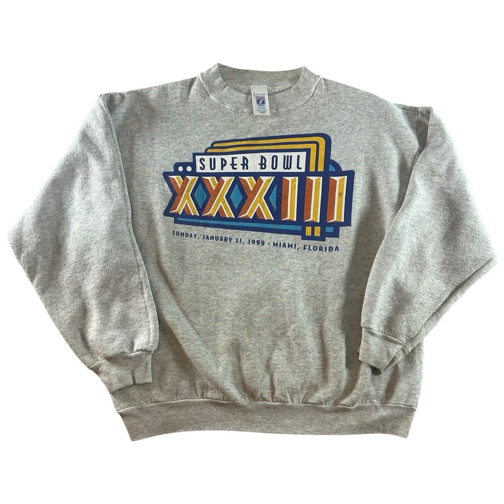 Vintage Super Bowl XXXIII Logo 7 Crewneck Men’s Large 1999 Gray Pullover NFL USA